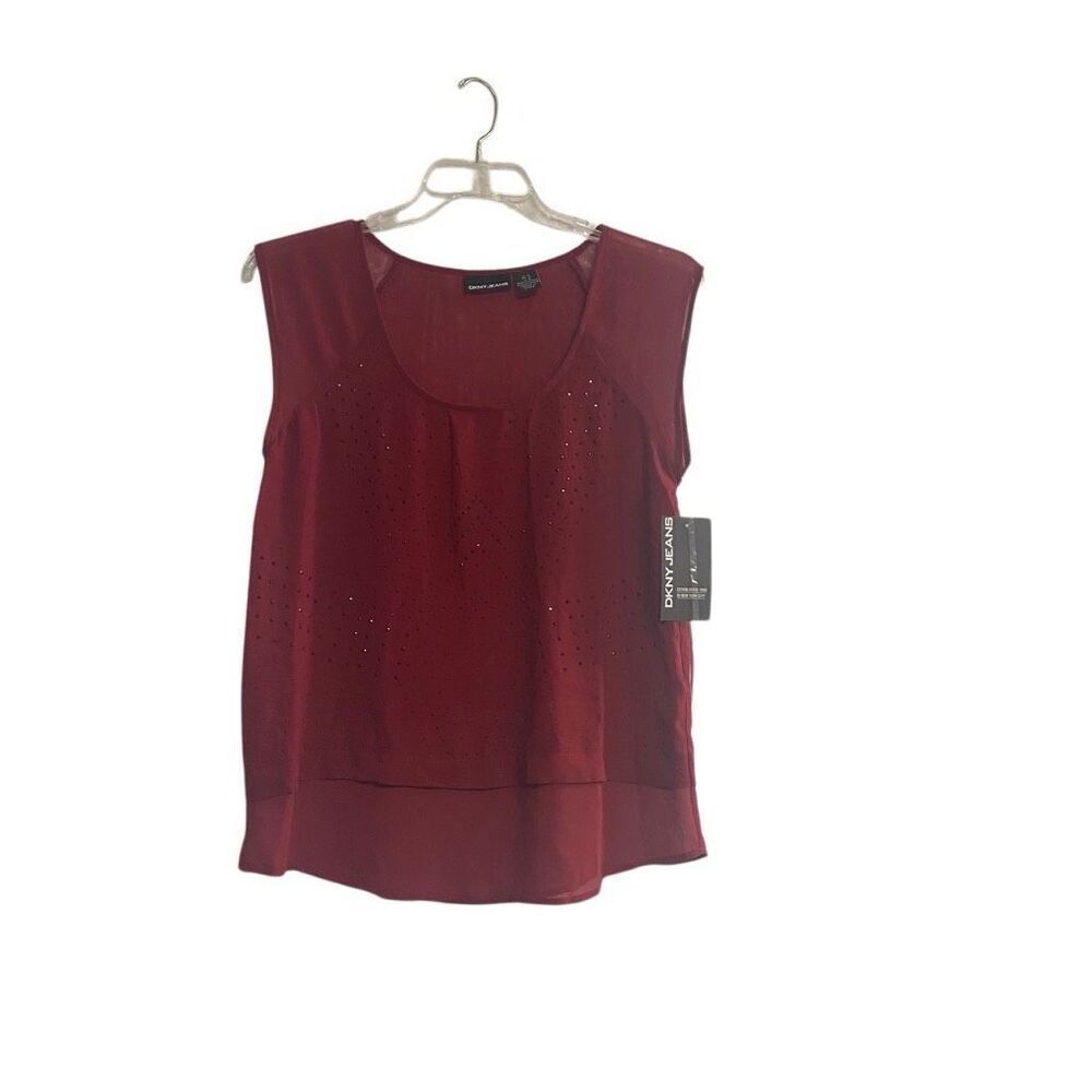 DNKY‎ Women’s Sheer Studded Beads Burgundy Top Size Medium New With Tags